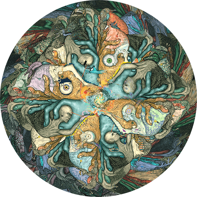 An Escher style drawing of fantasy characters in a swirl